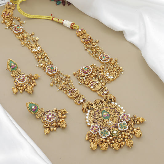 Traditional Antique Gold Enamel & Green Stone Necklace Set