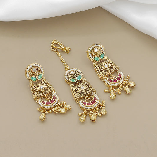Elegant Gold-Toned Pearl & Green Stone Floral Necklace Set with Earrings