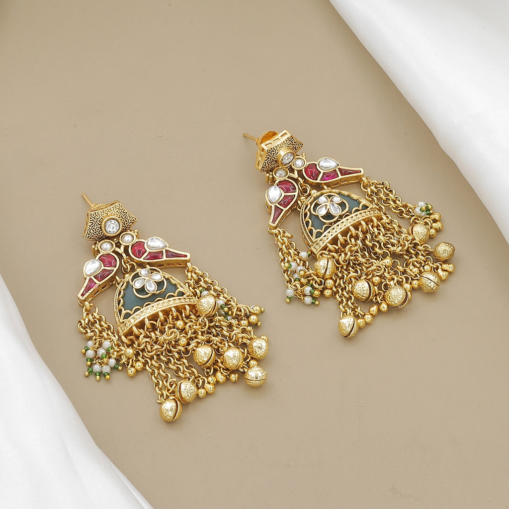 Antique Gold-Toned Peacock Motif & Green Enamel Necklace Set