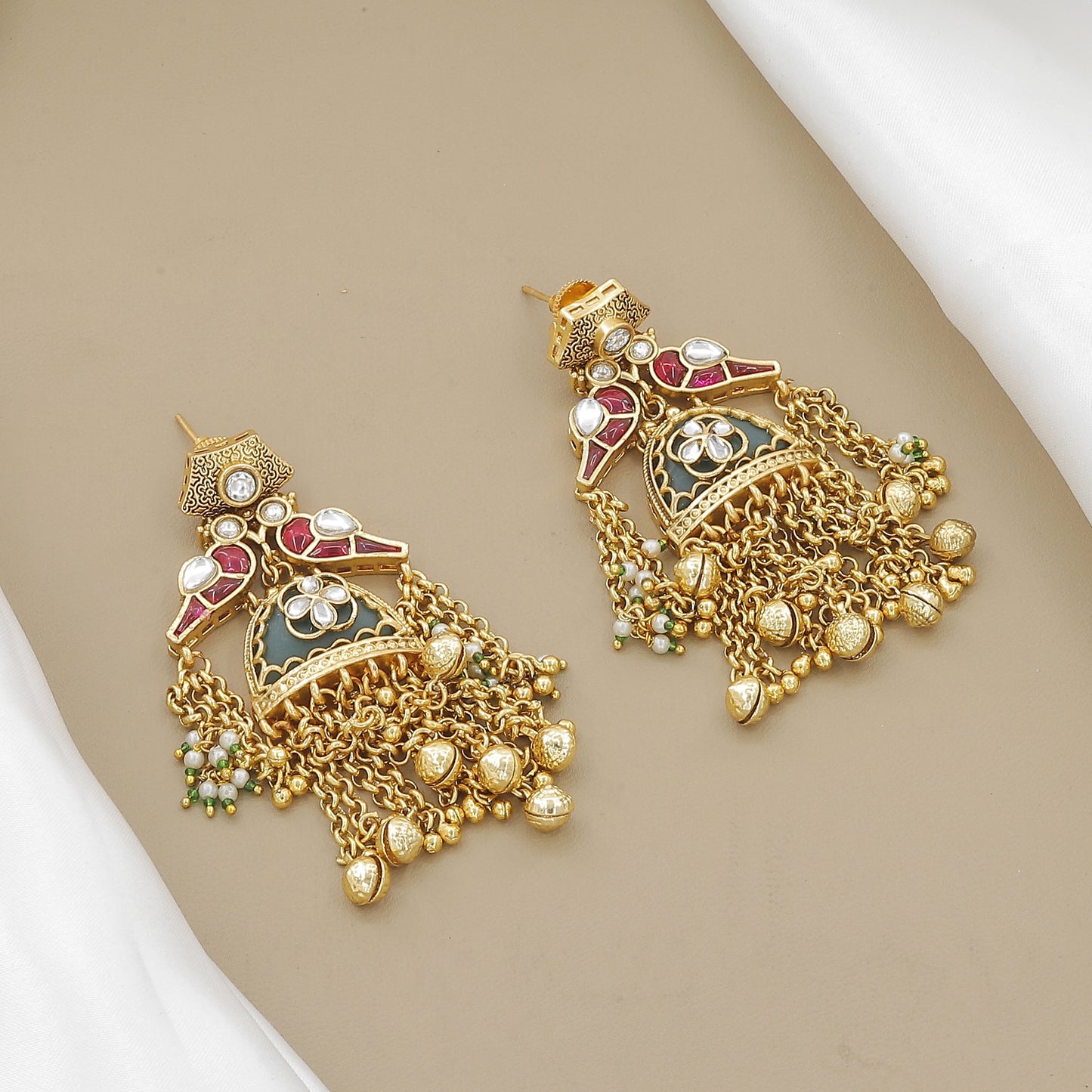 Antique Gold-Toned Peacock Motif & Green Enamel Necklace Set