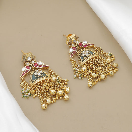 Antique Gold-Toned Peacock Motif & Green Enamel Necklace Set