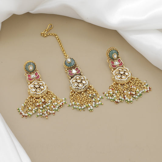 Antique Gold-Toned Enamel & Kundan Necklace Set with Dangling Earrings