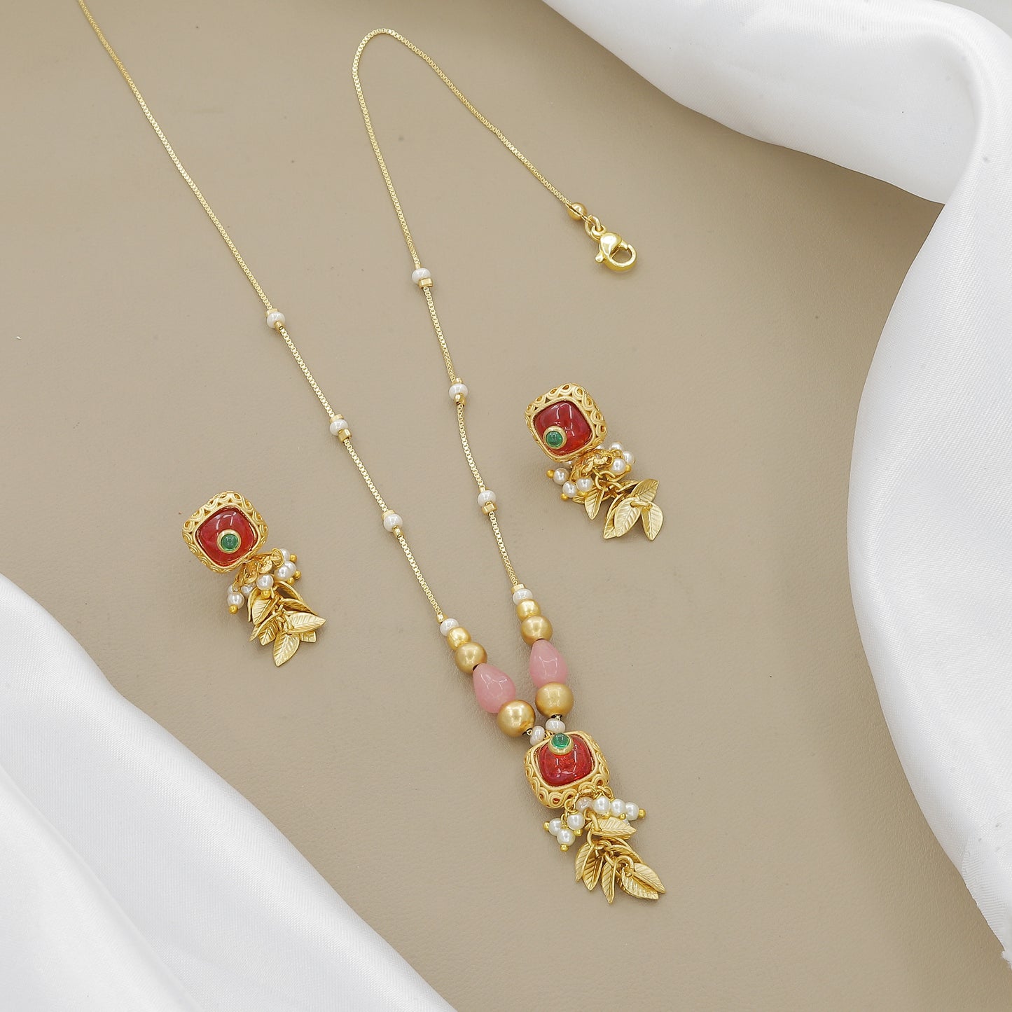 Antique Gold-Toned & Green Bead Temple Jewelry Set