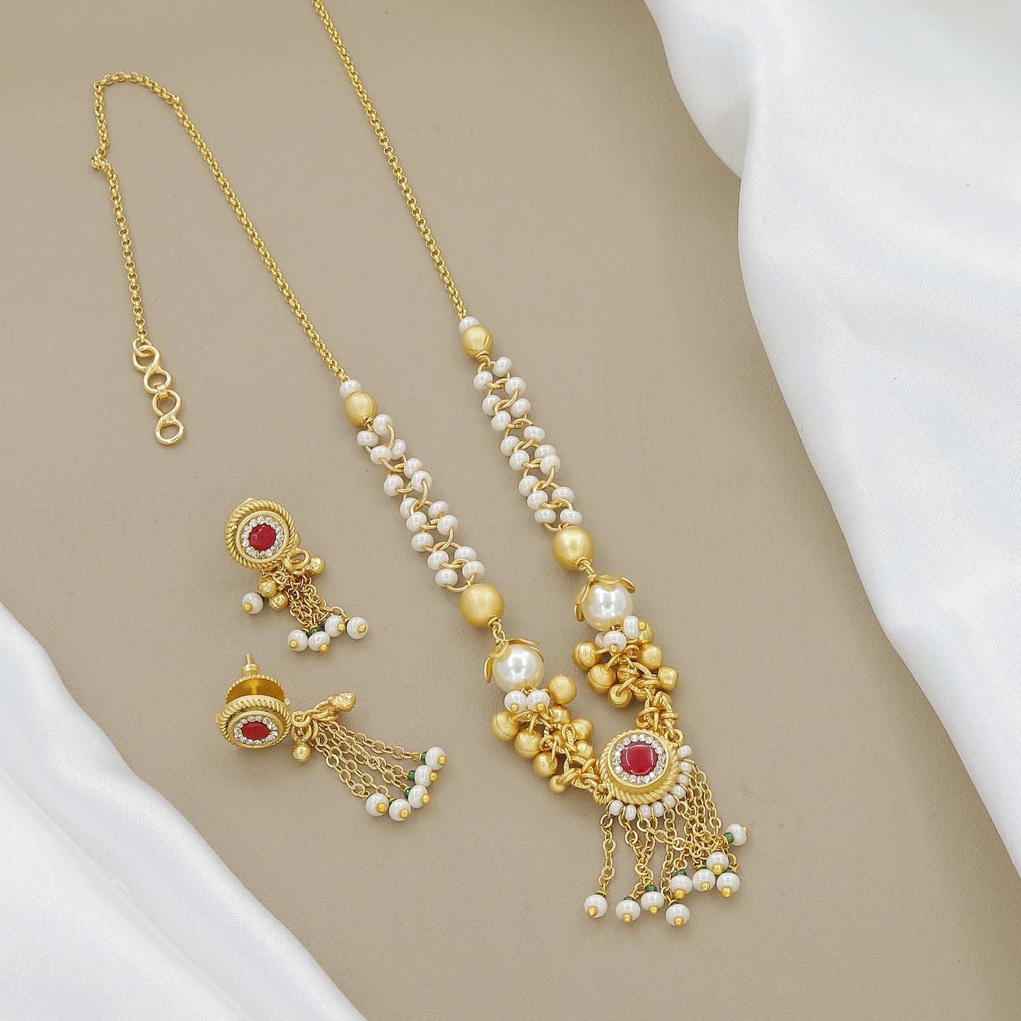 Traditional Gold-Toned Red Stone & Pearl Necklace Set with Dangling Earrings
