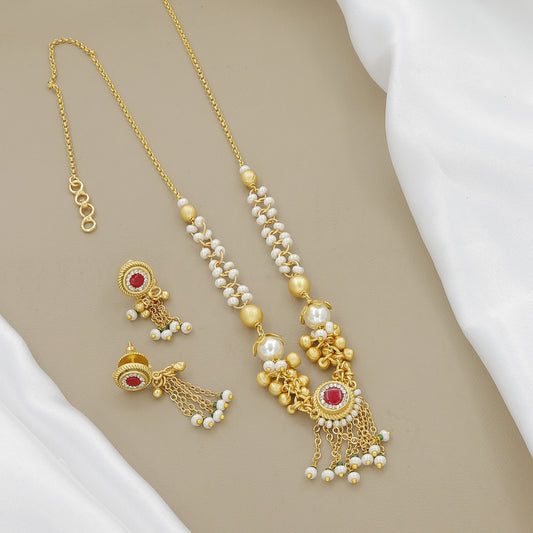 Traditional Gold-Toned Red Stone & Pearl Necklace Set with Dangling Earrings
