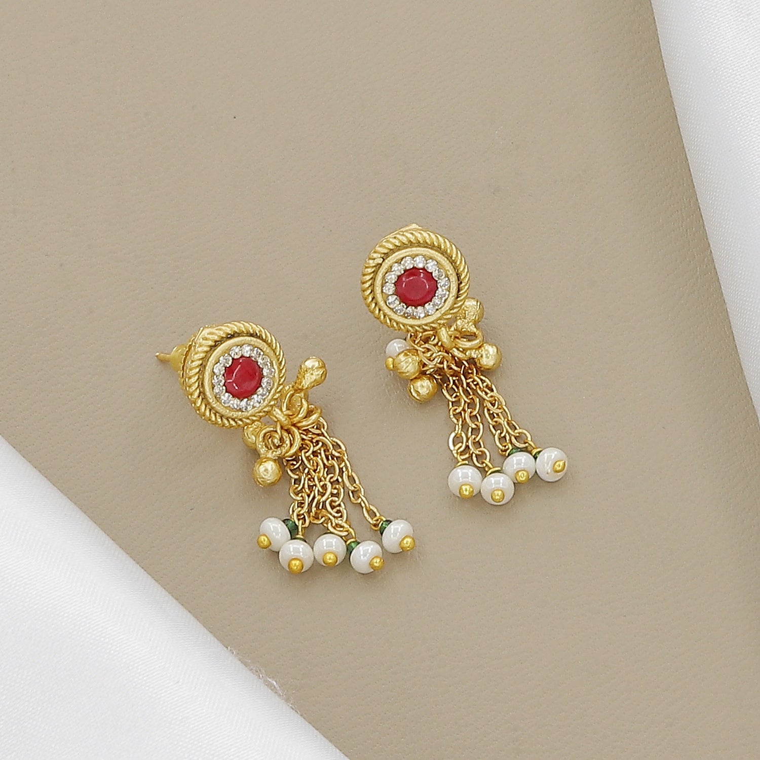 Traditional Gold-Toned Red Stone & Pearl Necklace Set with Dangling Earrings