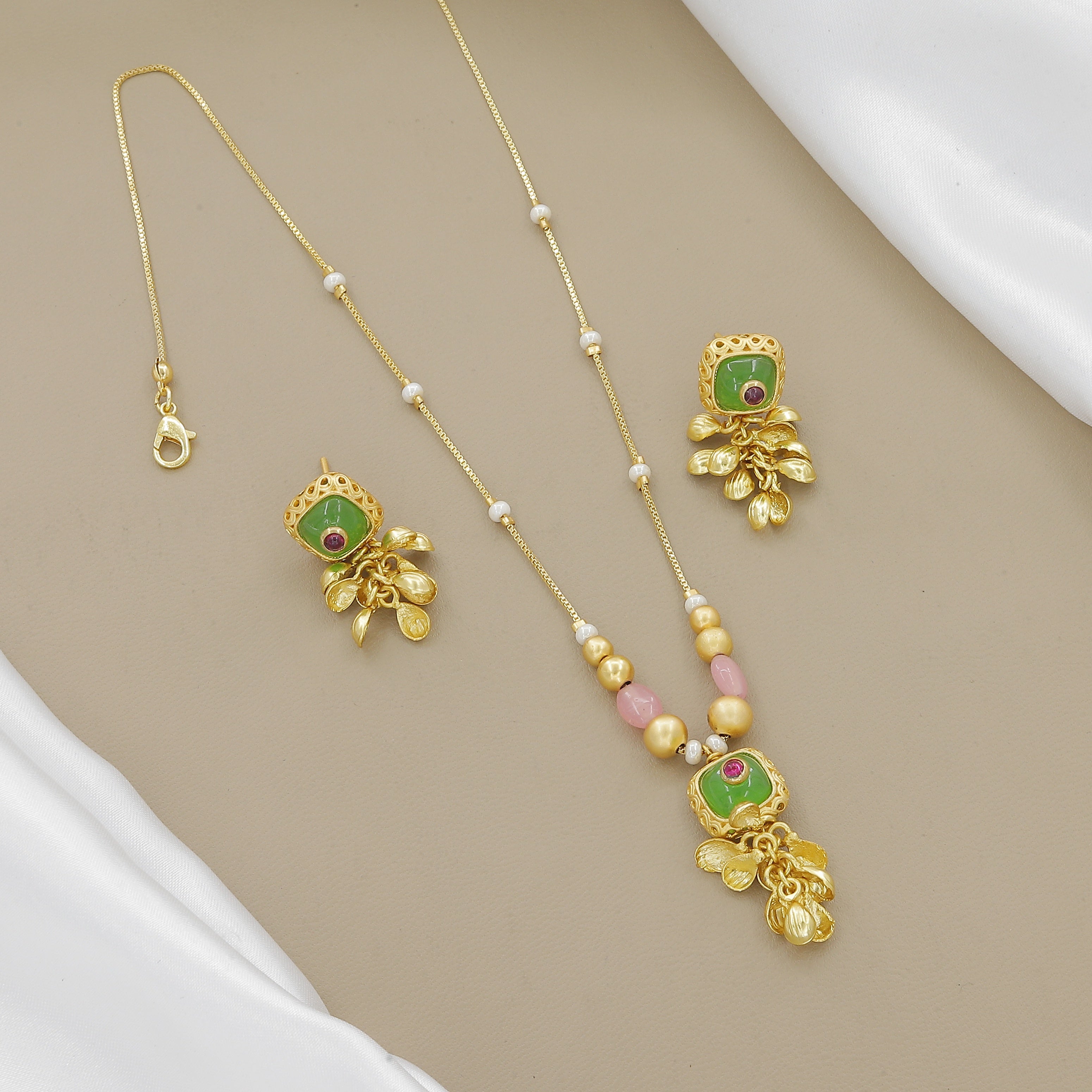 Antique Gold-Toned & Green Bead Temple Jewelry Set