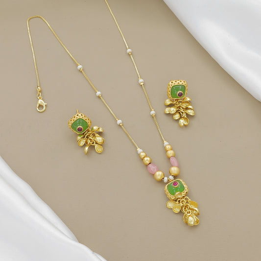 Antique Gold-Toned & Green Bead Temple Jewelry Set