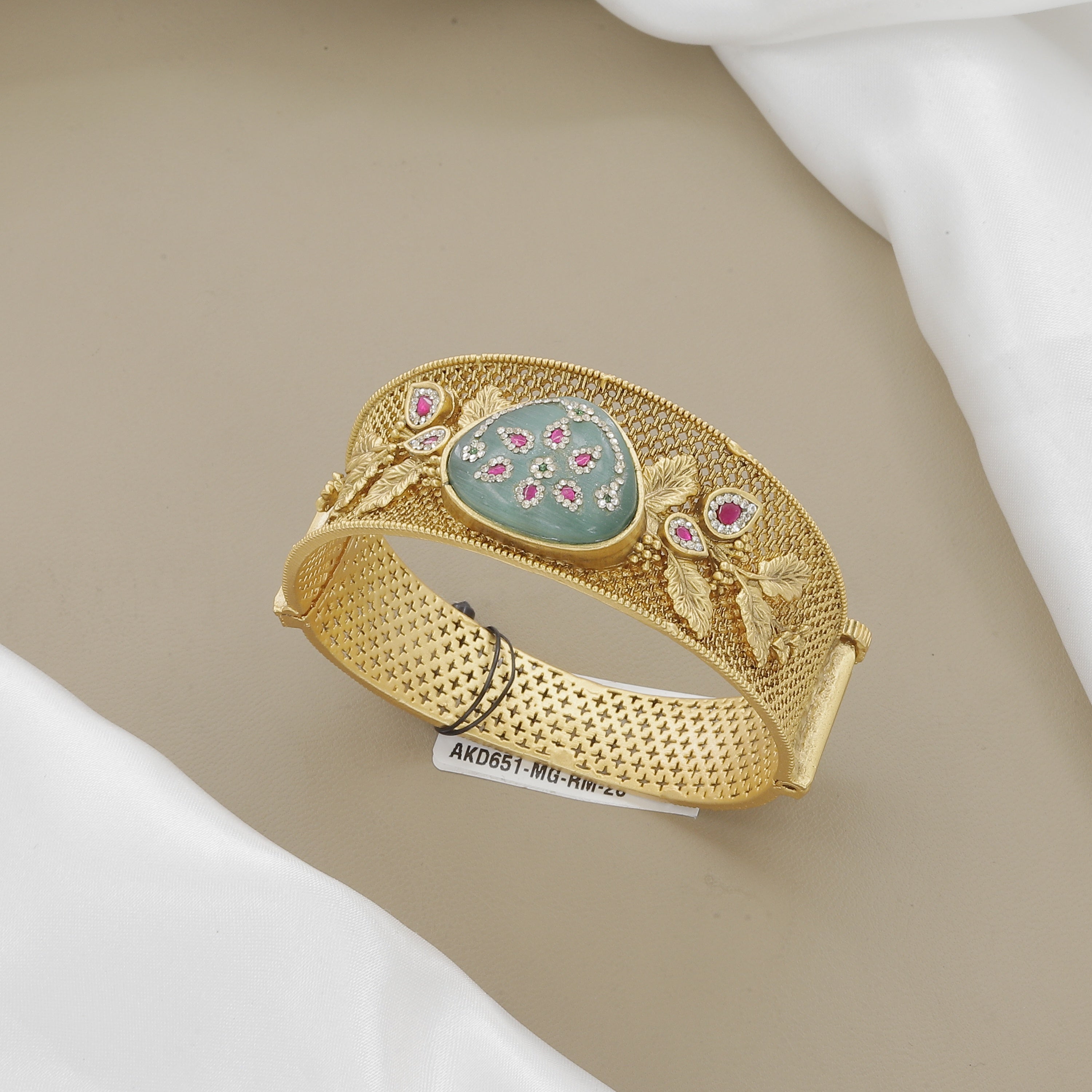 Gold Mesh Kada with Floral and Gemstone Design