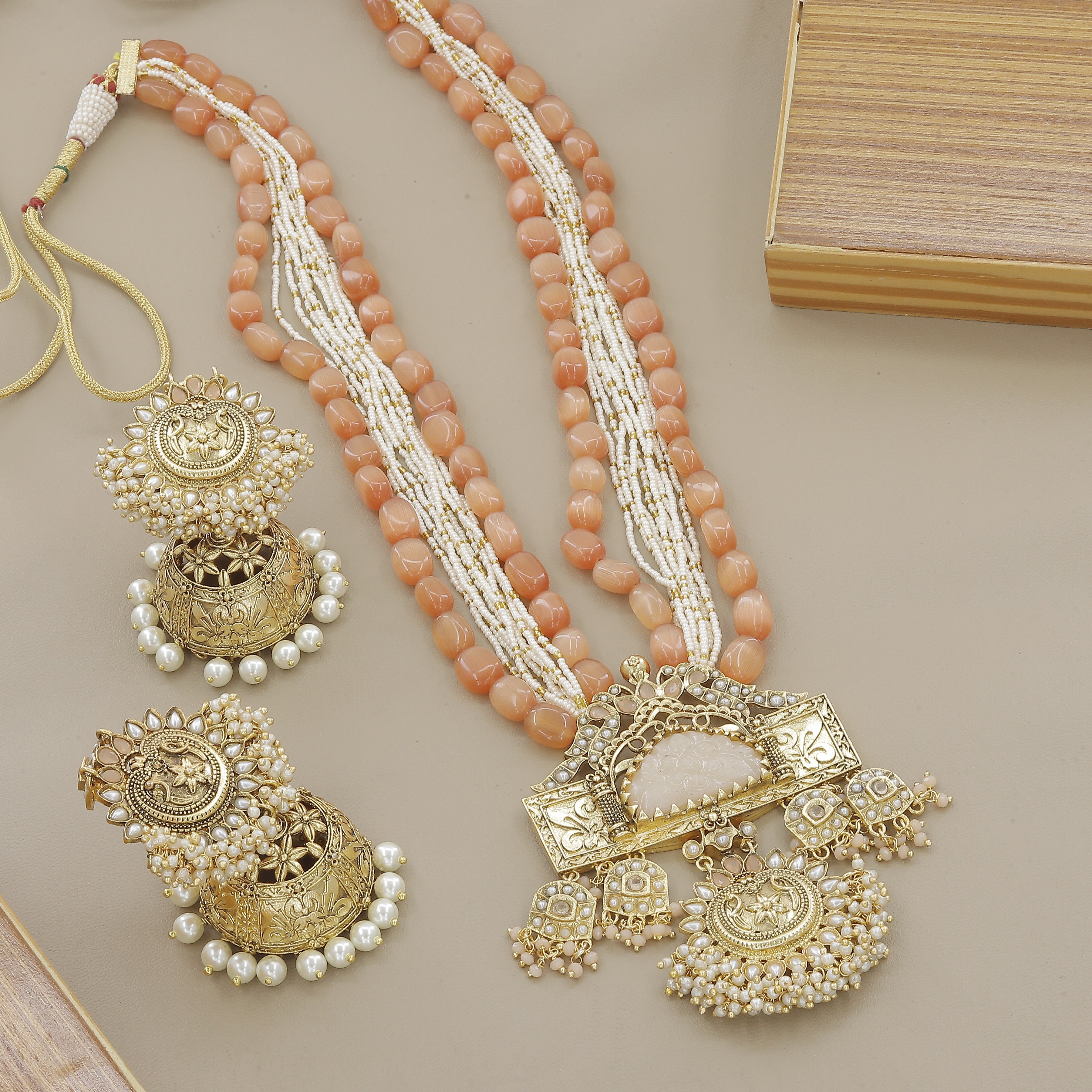 Peach Beaded & Pearl Traditional Indian Long Necklace Set