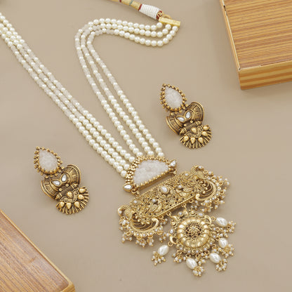 Traditional Gold Plated Pearl & White Stone Necklace Set