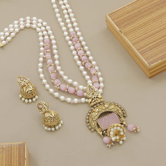 Traditional Gold Plated Pearl & Pink Stone Necklace Set