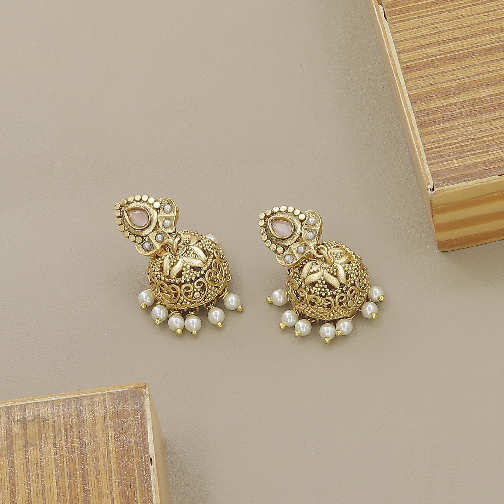 Traditional Gold Plated Pearl & Pink Stone Necklace Set