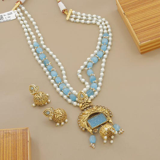 Traditional Gold Plated Pearl & Blue Stone Necklace Set | Ethnic Jewellery