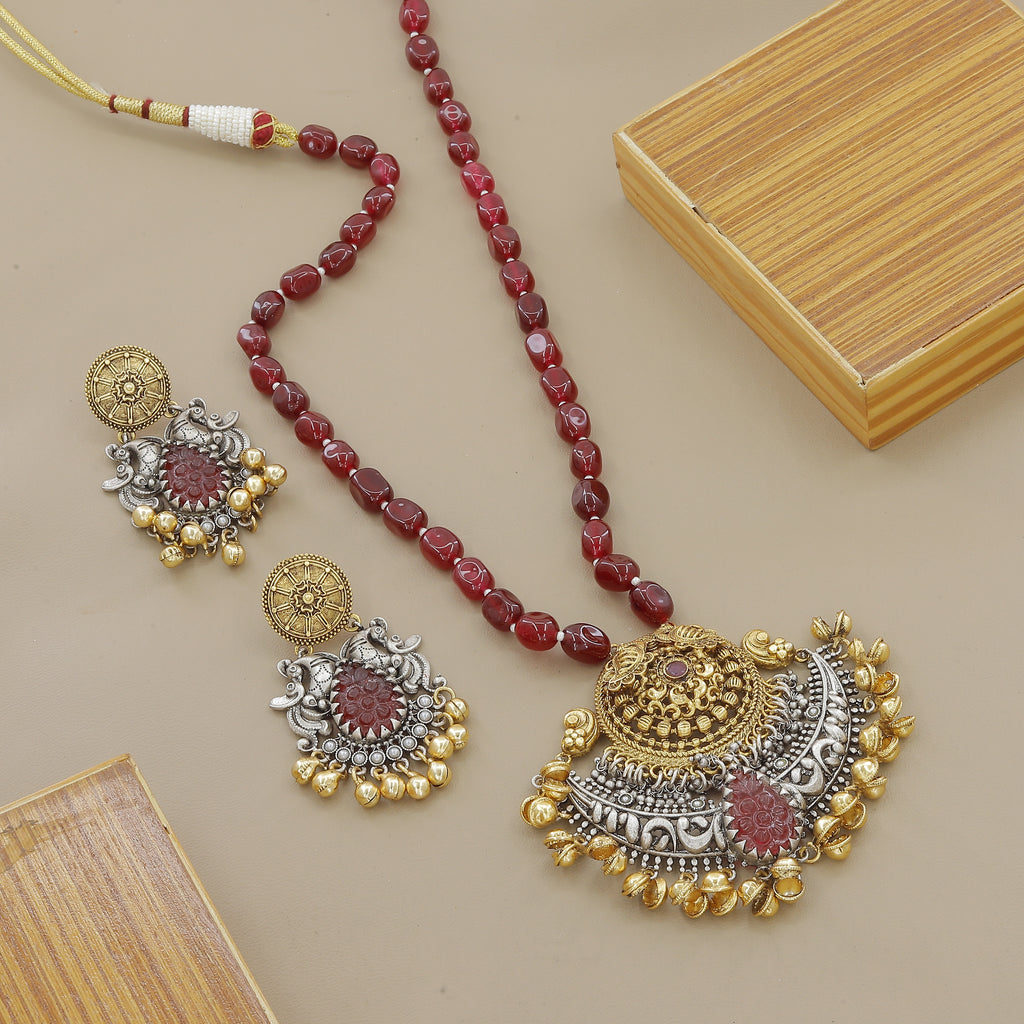 Dual Tone Silver & Gold Plated Maroon Stone Necklace Set