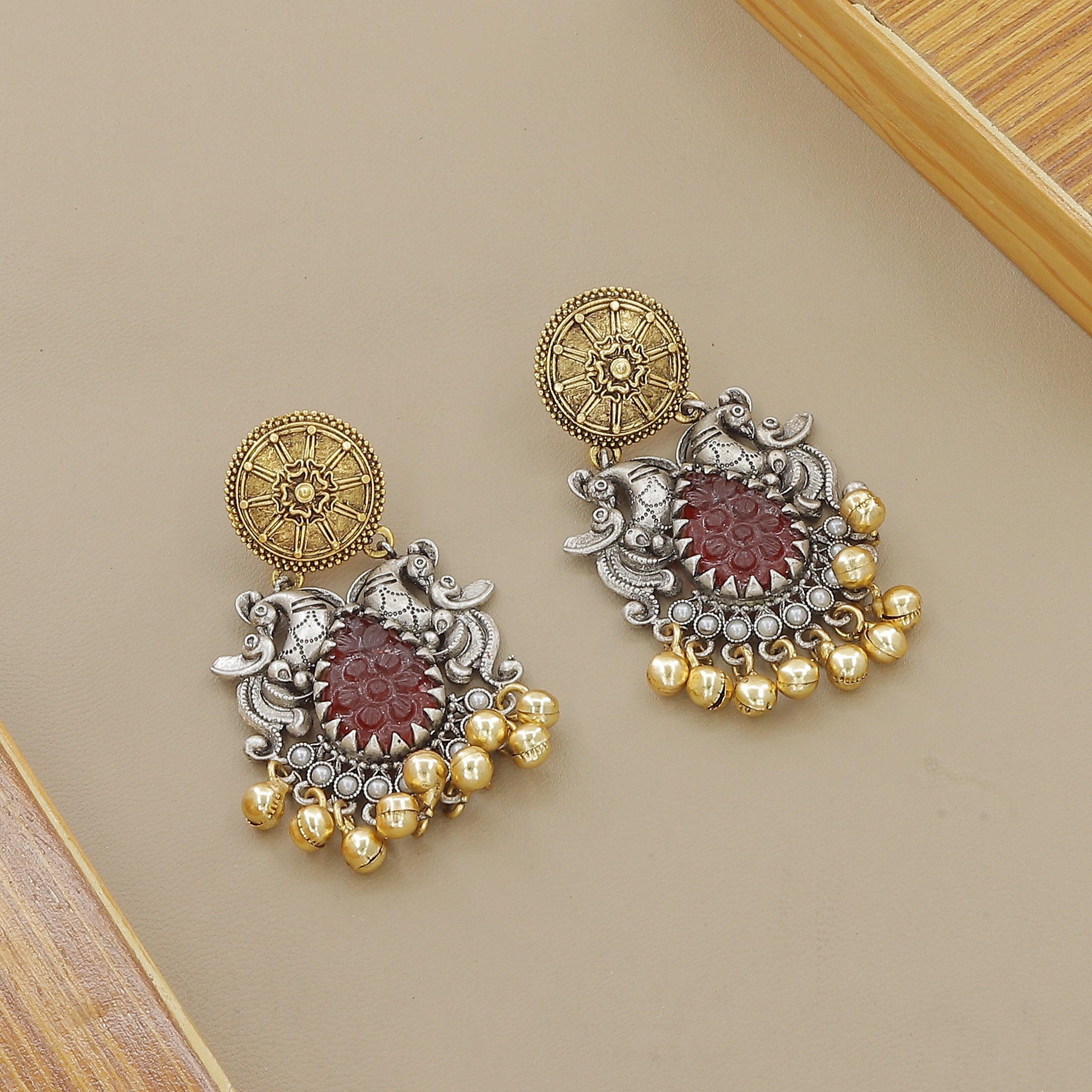 Dual Tone Silver & Gold Plated Maroon Stone Necklace Set