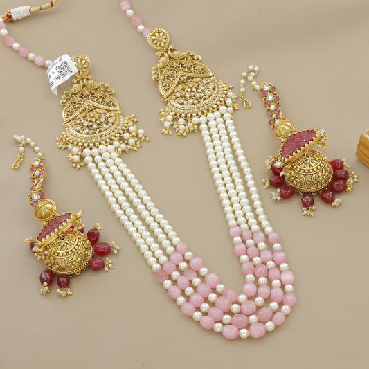 Pink & White Pearl Beaded Necklace Set with Antique Gold