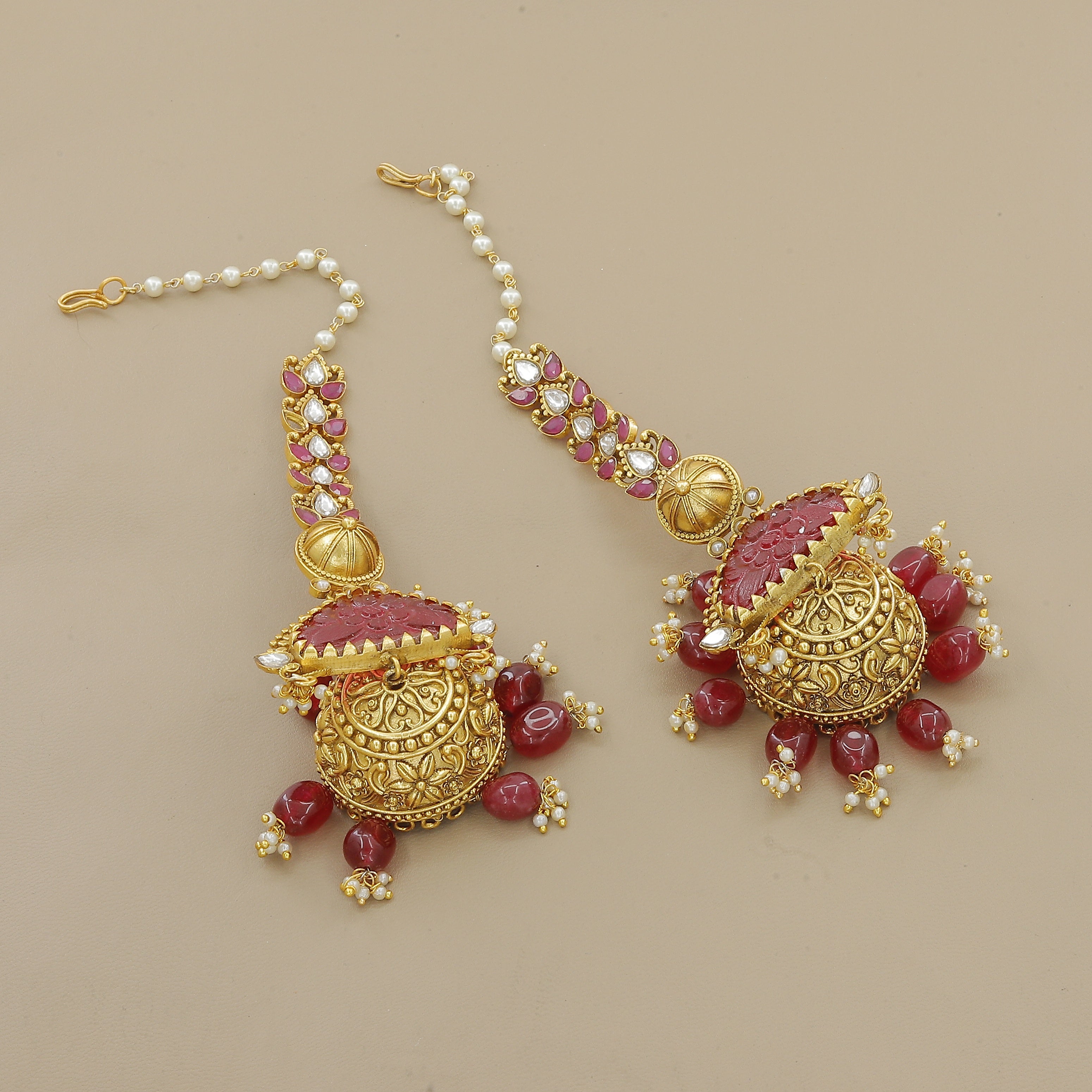 Pink & White Pearl Beaded Necklace Set with Antique Gold
