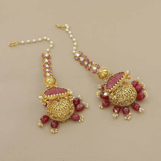 Pink & White Pearl Beaded Necklace Set with Antique Gold