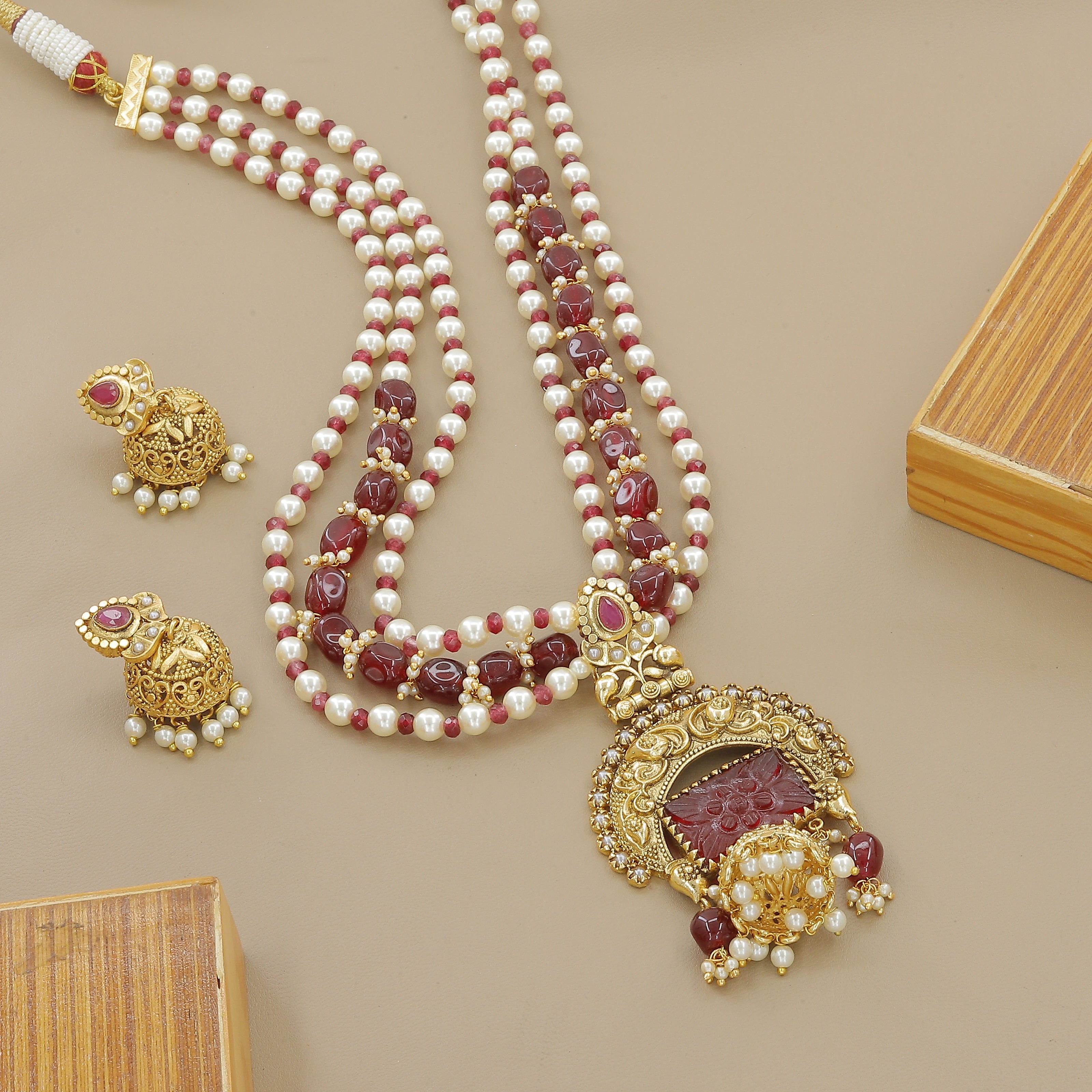 Traditional Gold Plated Pearl & Maroon Stone Necklace Set