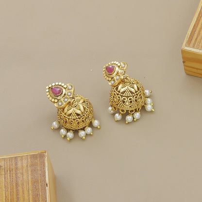 Traditional Gold Plated Pearl & Maroon Stone Necklace Set