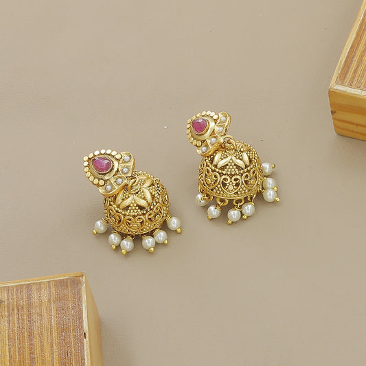 Traditional Gold Plated Pearl & Maroon Stone Necklace Set