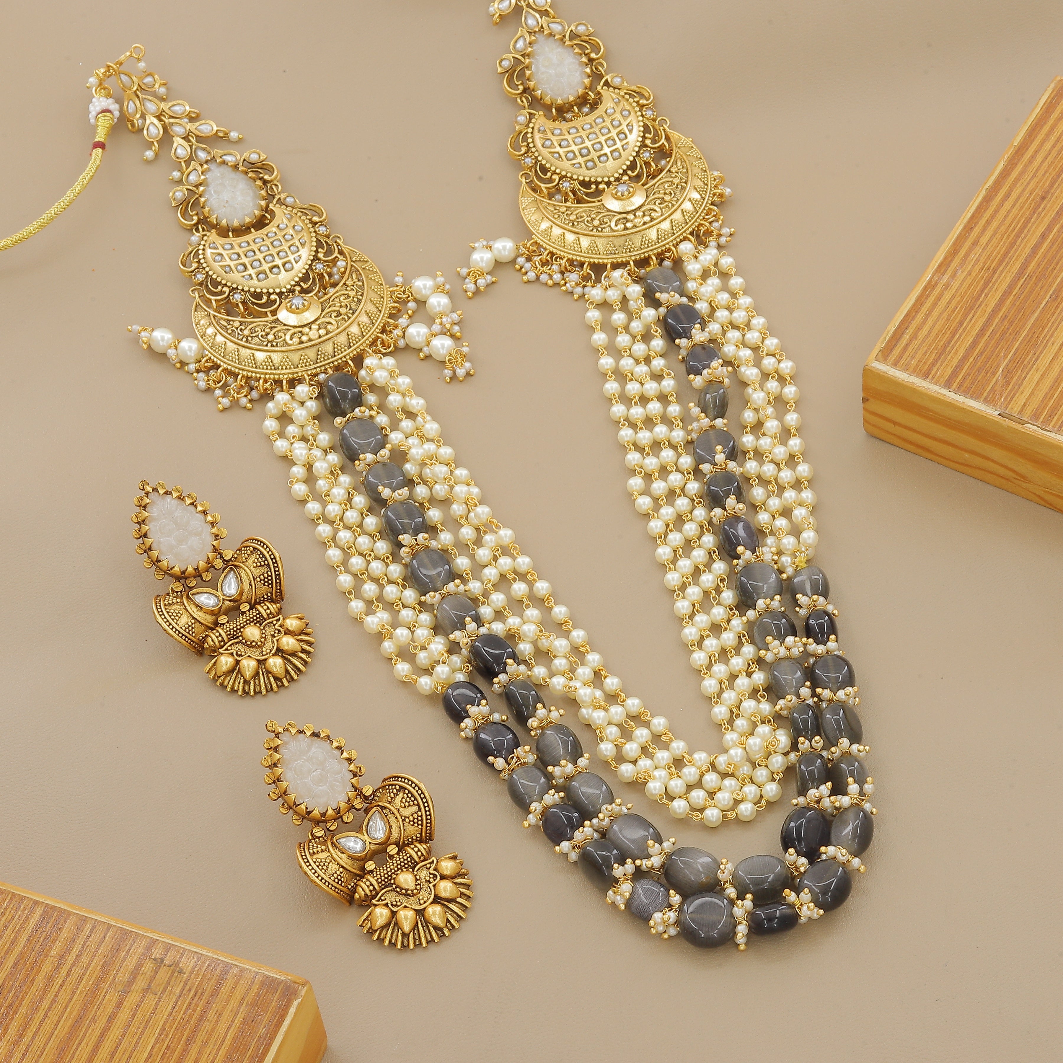 Grey & White Pearl Antique Gold Plated Necklace Set