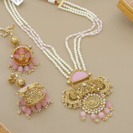 Traditional Gold Plated Pearl & Pink Stone Necklace Set