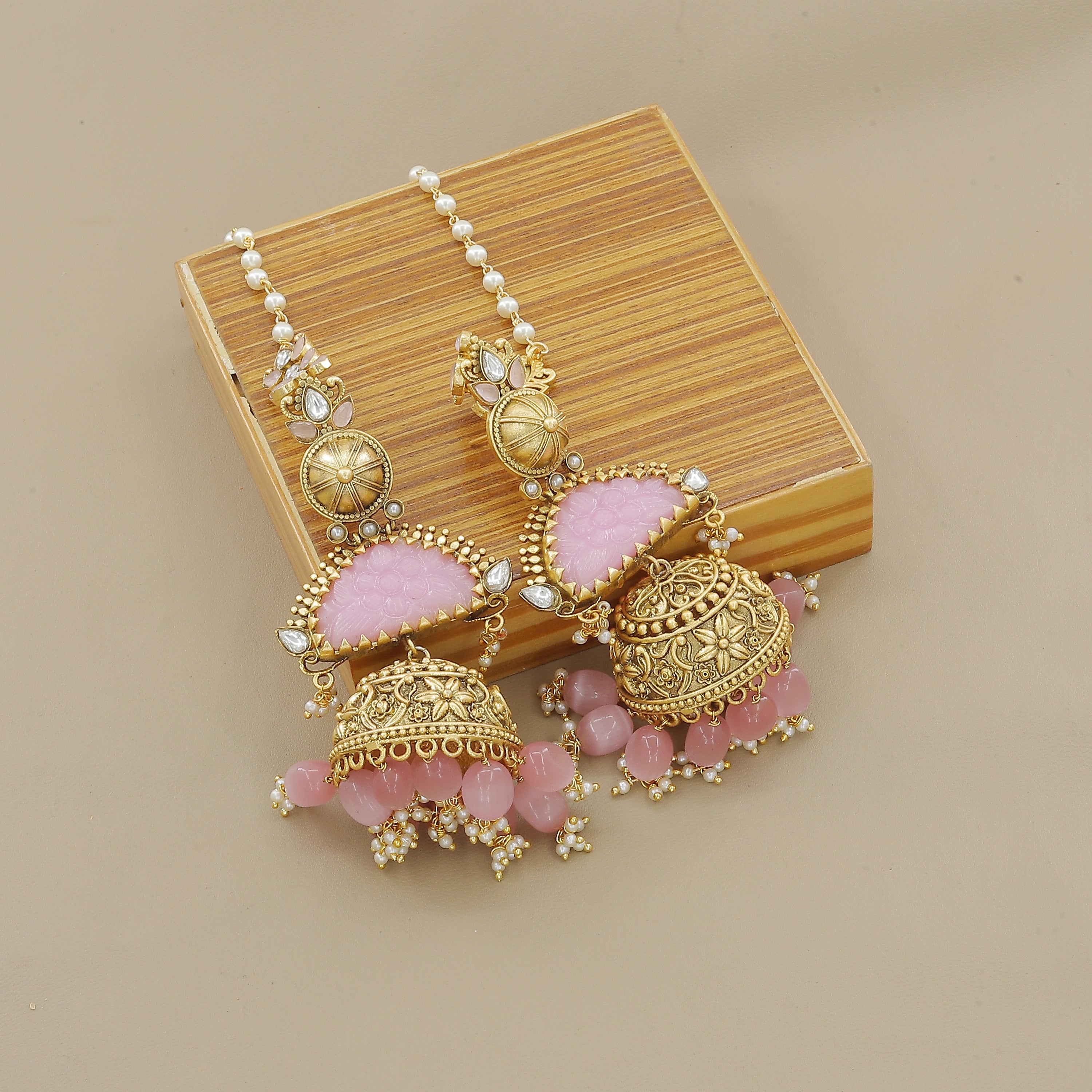 Traditional Gold Plated Pearl & Pink Stone Necklace Set