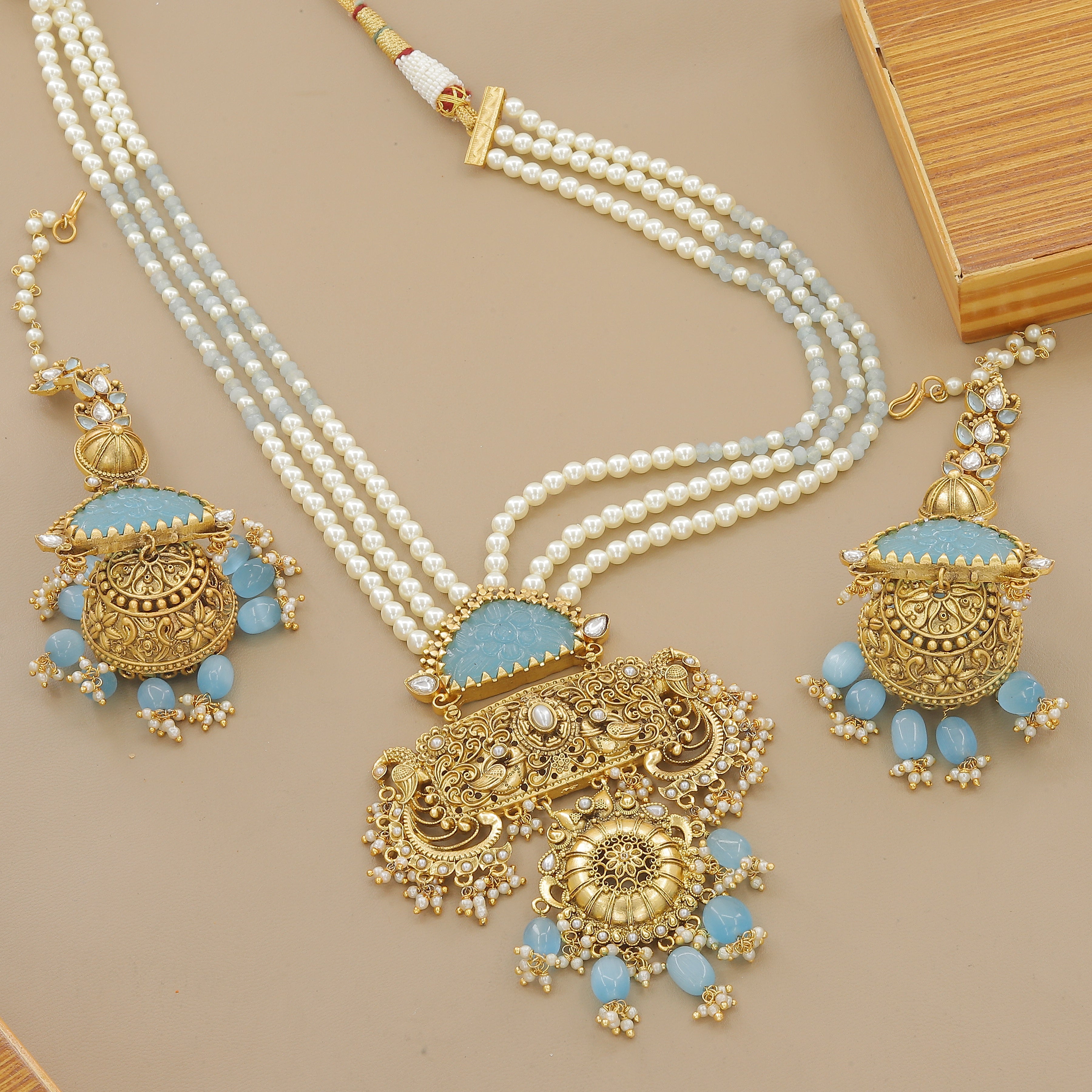 Traditional Gold Plated Pearl & Blue Stone Necklace Set