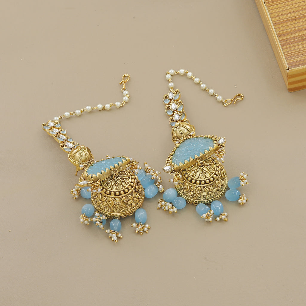 Traditional Gold Plated Pearl & Blue Stone Necklace Set