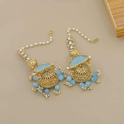 Traditional Gold Plated Pearl & Blue Stone Necklace Set