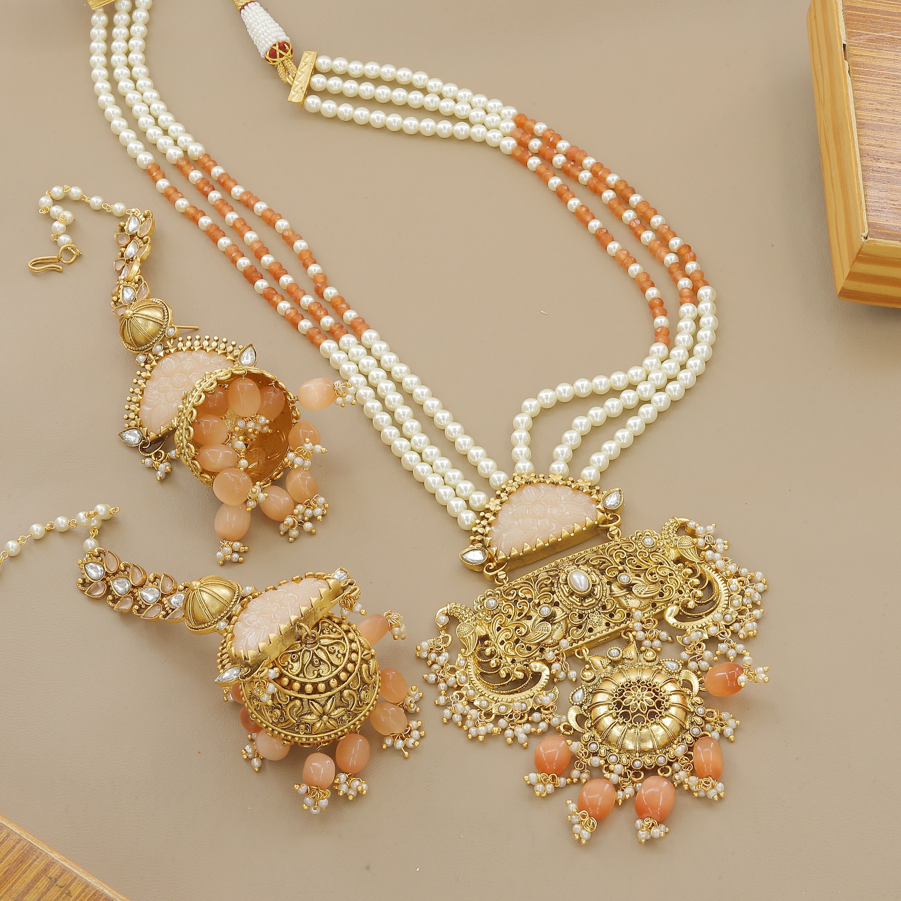 Traditional Gold Plated Pearl & Peach Stone Necklace Set