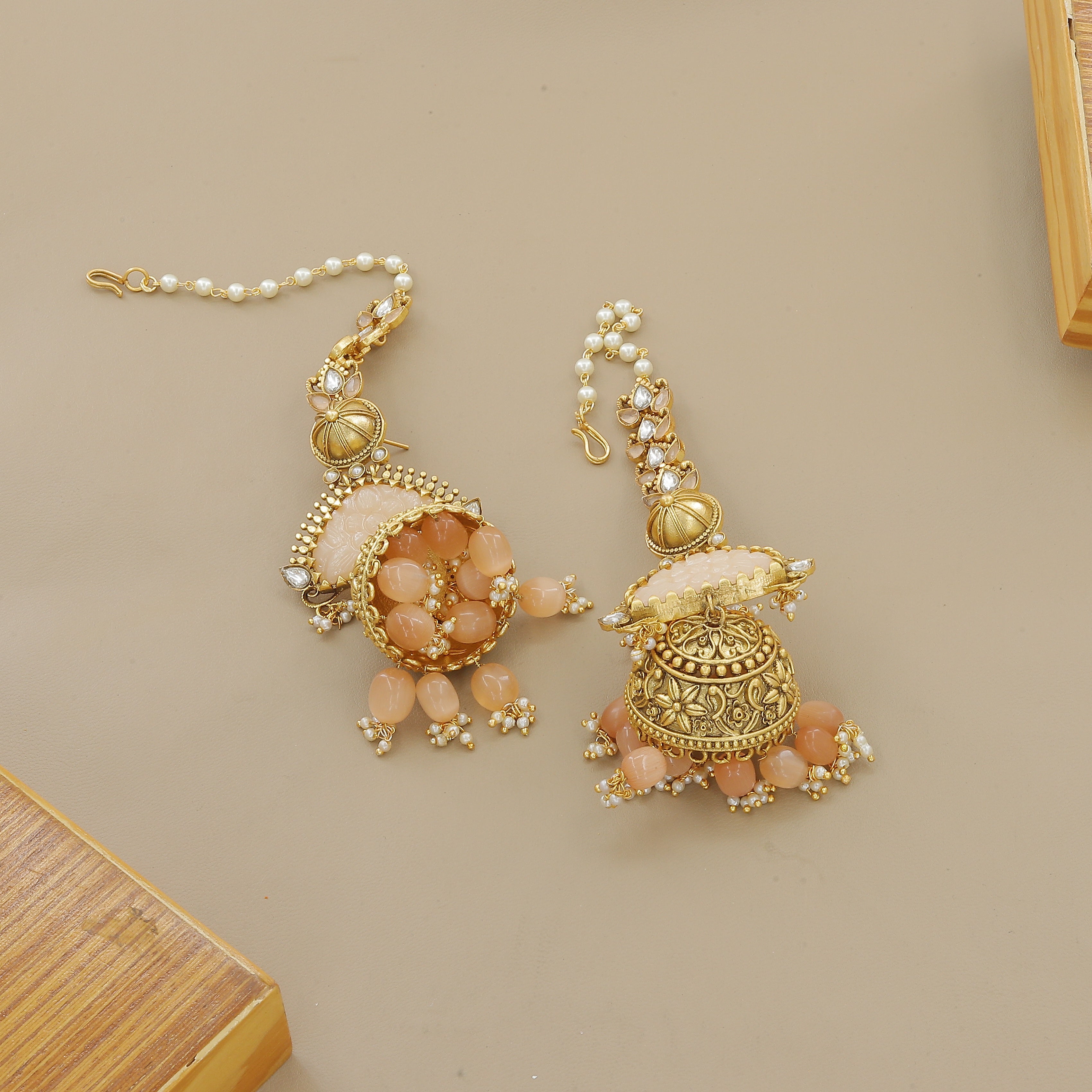 Traditional Gold Plated Pearl & Peach Stone Necklace Set