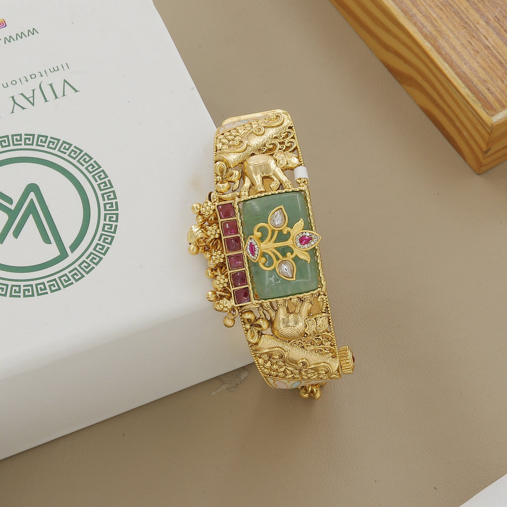 Traditional Gold Elephant Kada Bracelet with Gemstones