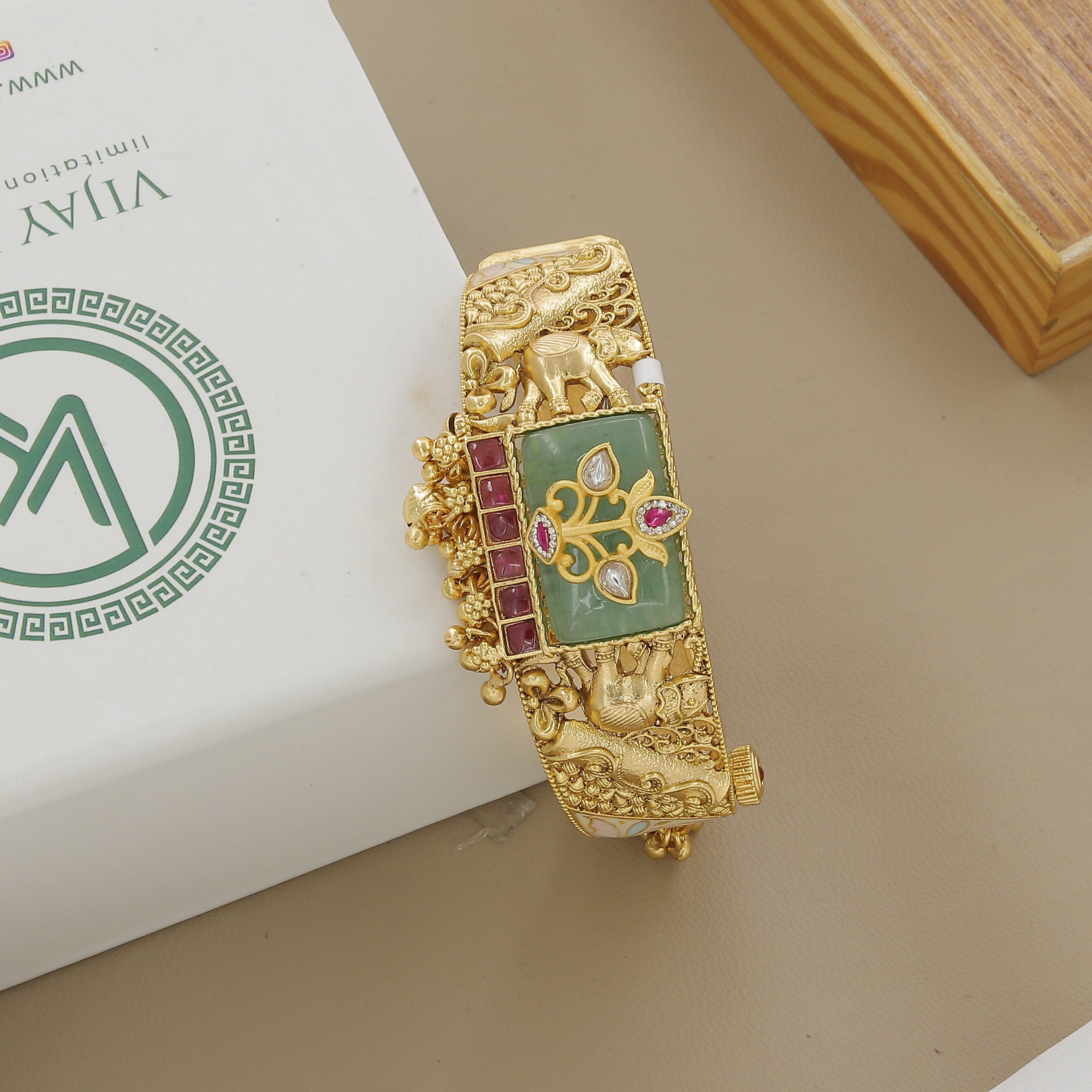 Traditional Gold Elephant Kada Bracelet with Gemstones