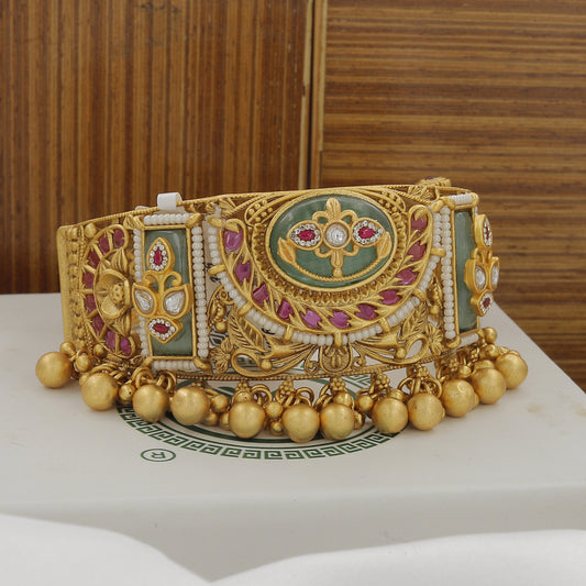 Traditional Indian Exquisite Gold and Gemstone Kada Bracelet