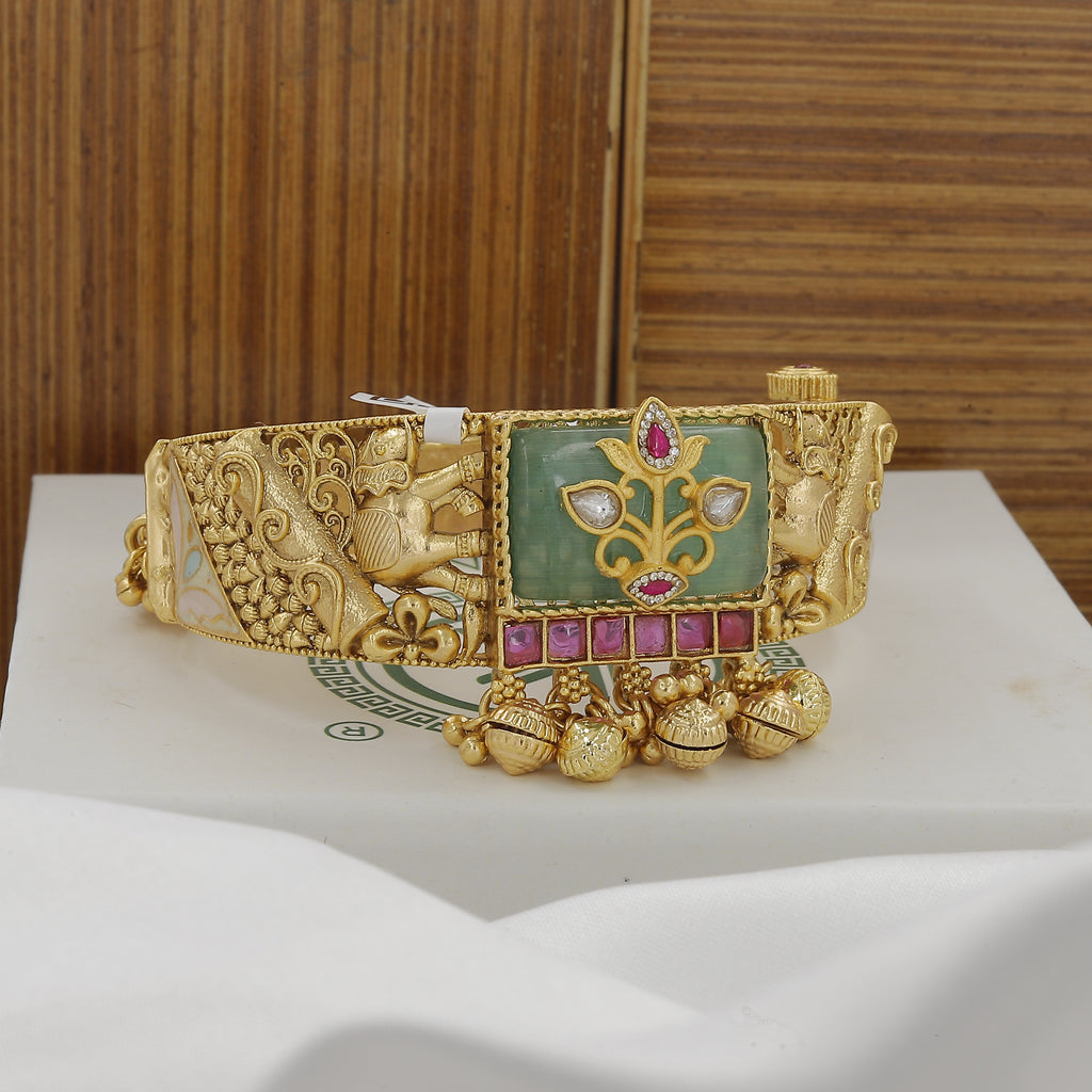 Traditional Gold Elephant Kada Bracelet with Gemstones