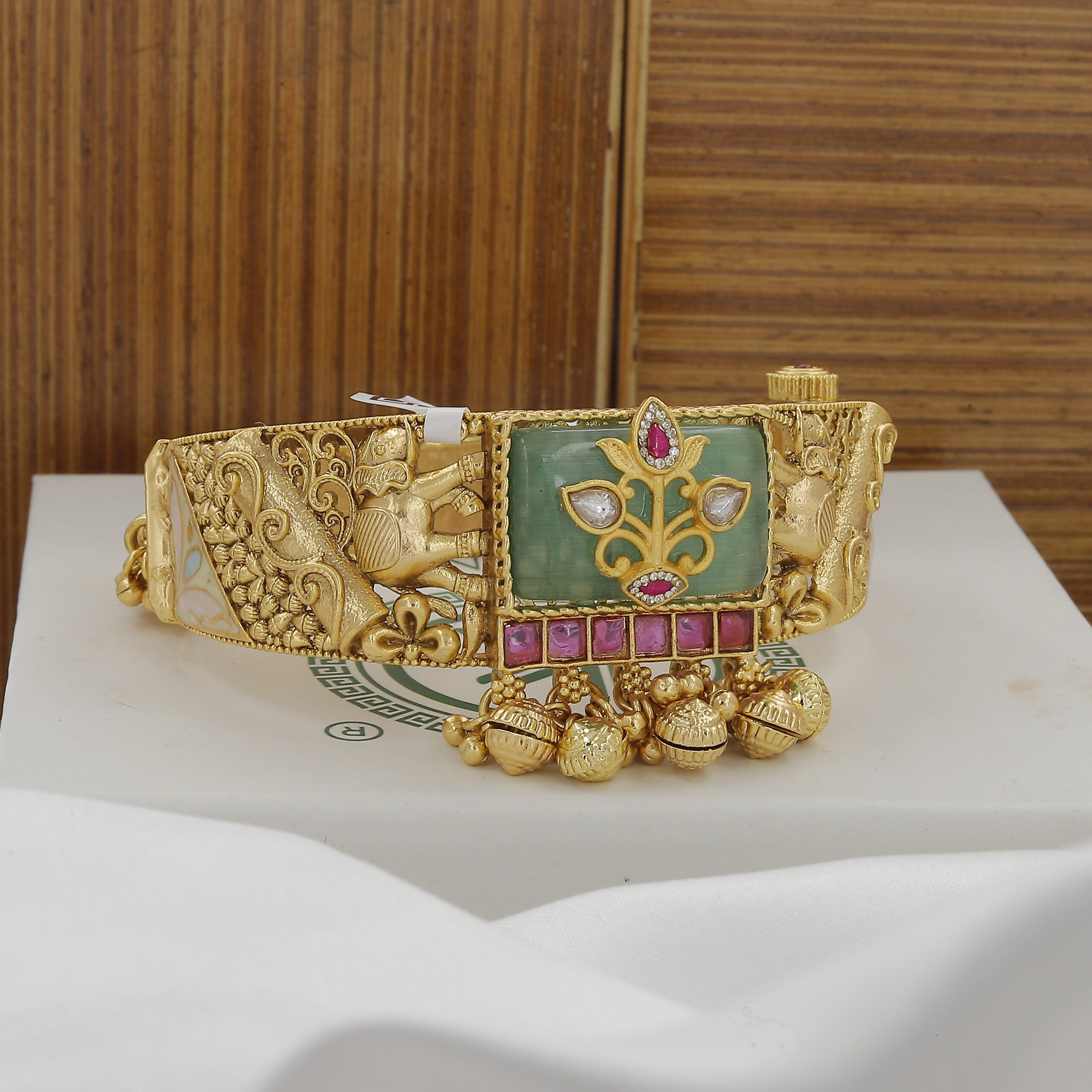 Traditional Gold Elephant Kada Bracelet with Gemstones