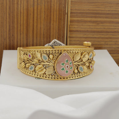 Elegant Gold Kada with Pink and Green Gemstones