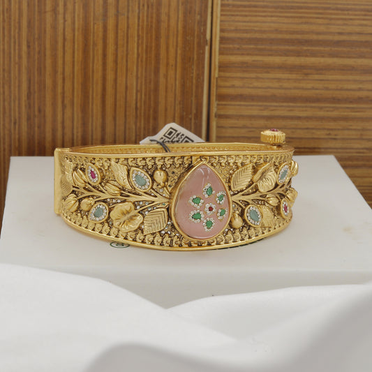 Elegant Gold Kada with Pink and Green Gemstones