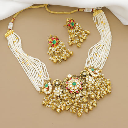 Elegant Pearl String Choker Necklace Set with Kundan-Style Pendant and Jhumki Earrings