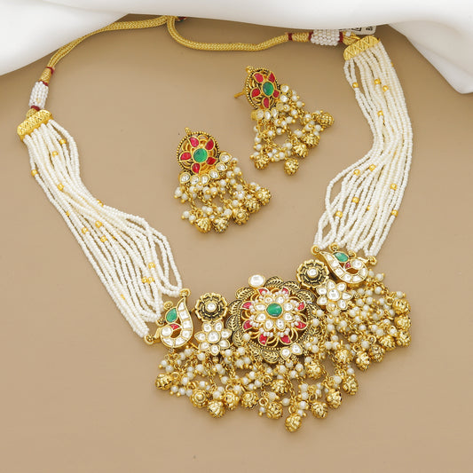 Elegant Pearl String Choker Necklace Set with Kundan-Style Pendant and Jhumki Earrings