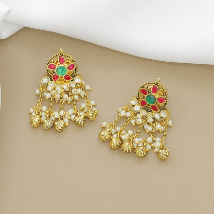 Elegant Pearl String Choker Necklace Set with Kundan-Style Pendant and Jhumki Earrings