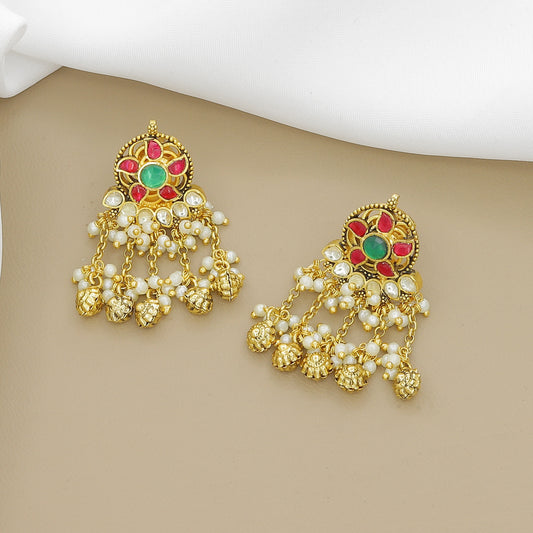 Elegant Pearl String Choker Necklace Set with Kundan-Style Pendant and Jhumki Earrings