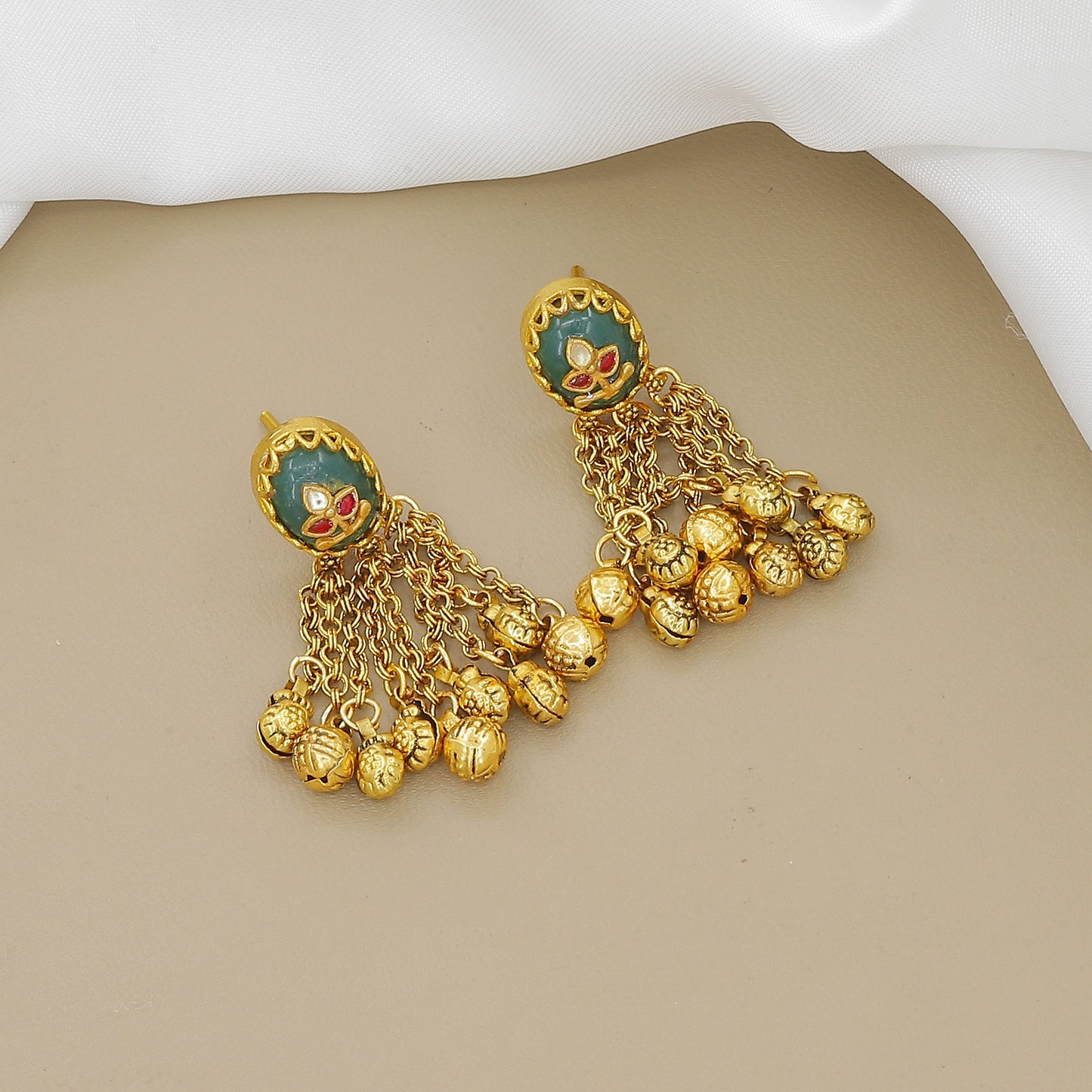 Traditional Antique Gold Plated Choker Necklace with Green Enamel and Jhumki Earrings