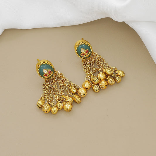 Traditional Antique Gold Plated Choker Necklace with Green Enamel and Jhumki Earrings