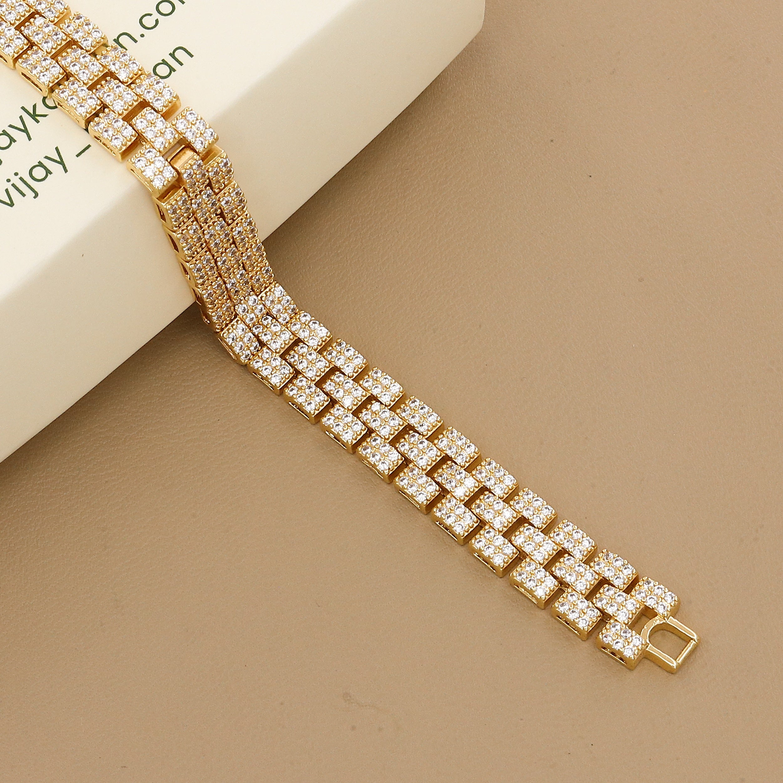 Triple-Row Pave Diamond Chain Bracelet in Gold Plated