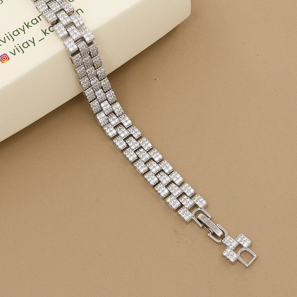 Silver Plated Triple-Row Pave Diamond Chain Bracelet