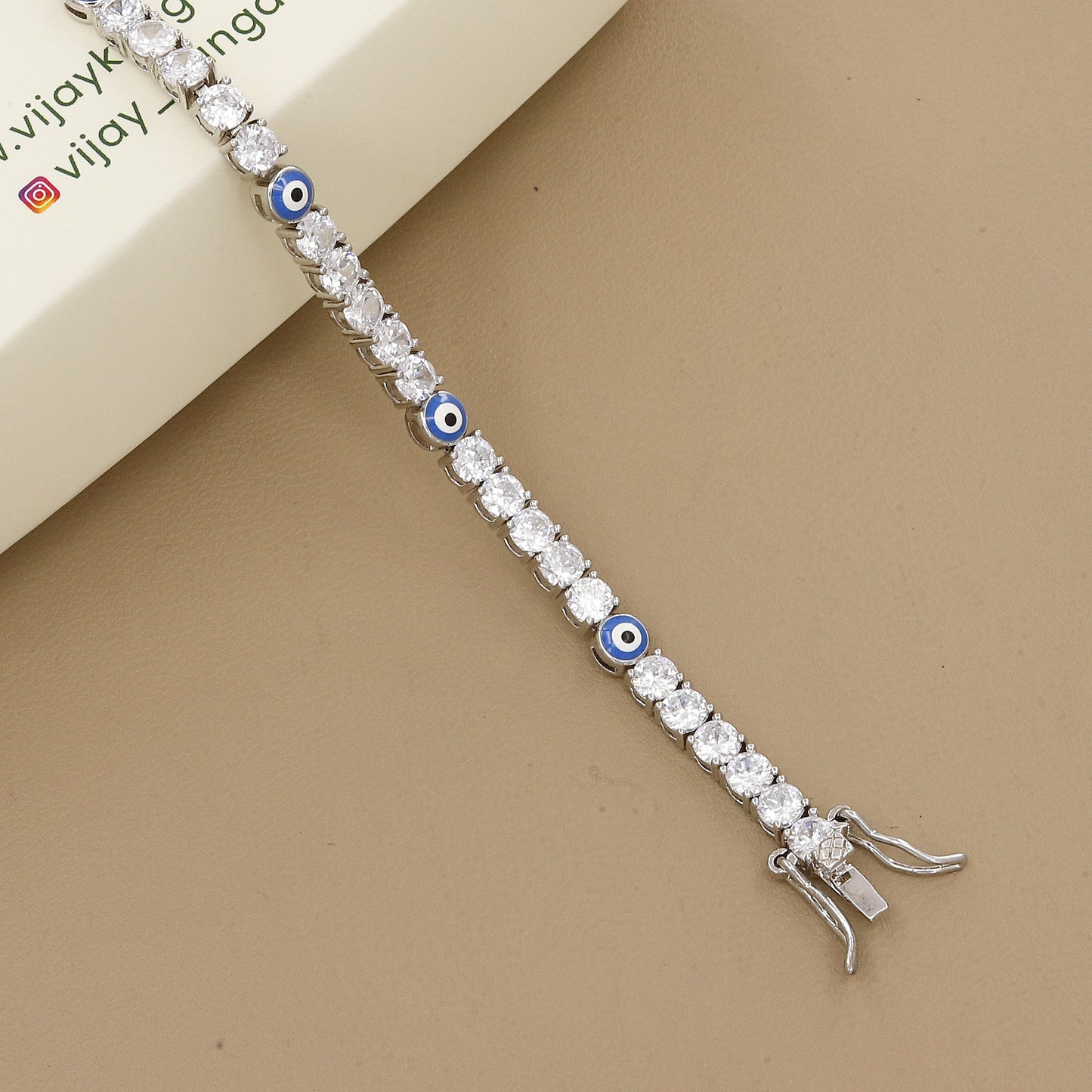 Silver Polished Evil Eye Tennis Bracelet with CZ Stones